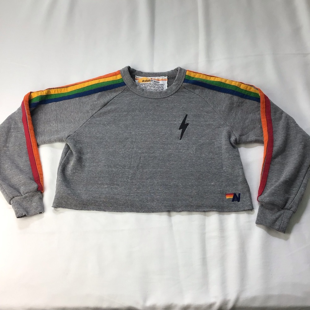Aviator Nation Cropped Rainbow Sweatshirt Bolt Embroidery Size Small